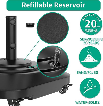 QZER Umbrella Base with Wheels, Umbrella Stand Heavy Duty 100lb Windproof | Fillable Umbrella Base Mobile Square Umbrella Stand Outdoor Base for Patio, Deck, Poolside, Lawn, Fits Most Sized Umbrellas