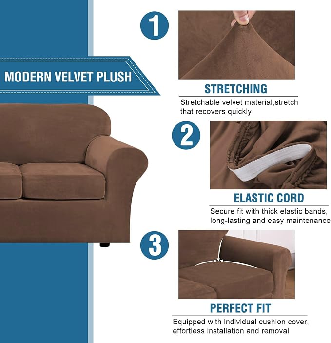 H.VERSAILTEX Rich Velvet Stretch 2 Piece Cover Chair Slipcover Sofa Cover Furniture Protector Couch Soft with Elastic Bottom Chair Couch Cover with Arms Width Up to 49 Inch(Chair, Caramel Cafe)