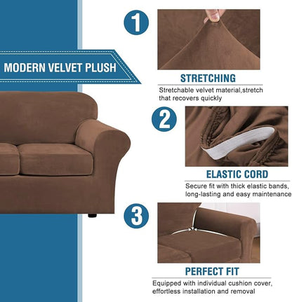 H.VERSAILTEX Rich Velvet Stretch 2 Piece Cover Chair Slipcover Sofa Cover Furniture Protector Couch Soft with Elastic Bottom Chair Couch Cover with Arms Width Up to 49 Inch(Chair, Caramel Cafe)