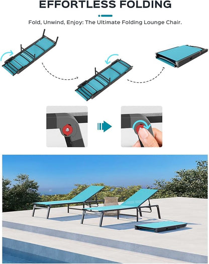 Ciokea Aluminum Foldable Lounge Chairs Set of 2 with 1 Outdoor Aluminum Side Table ，Perfect Match ，Suitable for Courtyard, Balcony, Lawn and Other Scenes，Lake Blue