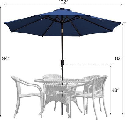 9' Round Patio Umbrella with 32 Solar Powered LED Lights, Push-Button Tilt and Hand Crank Lift, Solar Umbrella in Navy for Porch, Deck, and Patio by Sun-Ray