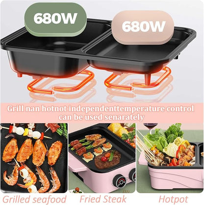 Hot Pot Electric with Grill, 2-in-1 Nonstick Korean BBQ Grill Indoor Smokeless Hotpot Pot Electric Cooker Sahabu Shabu Pot, Independent Dual Temperature Control