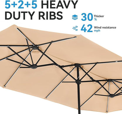 GREEN PARTY 13ft Outdoor Patio Umbrella with Solar Lights, 120 LED 12-Mode Large Double Sided Rectangular Table Umbrella, Heavy Duty Triple-Head Shade for Backyard Deck & Poolside, Beige (No Base)