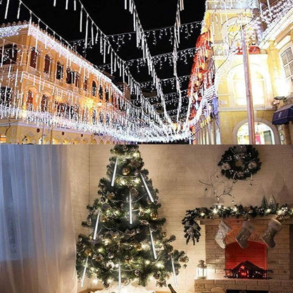 Weepong Christmas Lights Outdoor UL Certified Meteor Shower Lights 12 Inch 8 Tubes 192 LED Falling Rain Drop Icicle Snow Cascading Light for Xmas Tree Wedding Party Garden Decoration, White