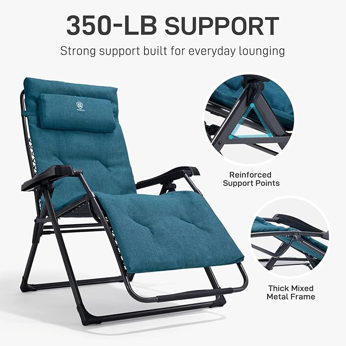 EVER ADVANCED Aluminum Zero Gravity Chair Oversized, Thick Padded Reclining Lounge Chair with Adjustable Headrest & Side Table, Heavy Duty Support 350 lbs, Foldable for Outdoor & Indoor, Green-2 Pack