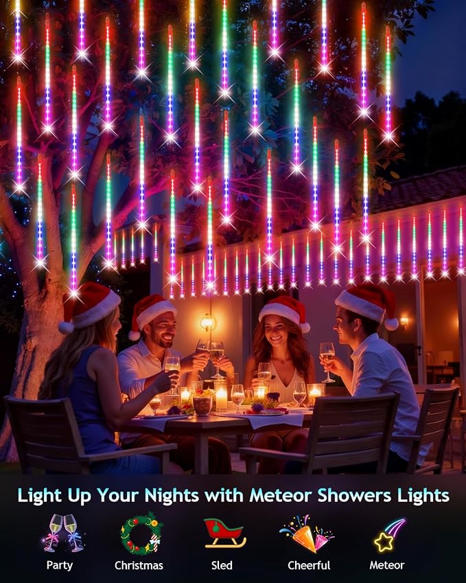 PEMOTech Christmas Lights Outdoor,24 Tubes 864 LED 20 Inch,Multicolor Meteor Shower Lights Outdoor,Waterproof Luces Navideñas para Exteriores,50 ft for Christmas Tree,Party,Garden Decor