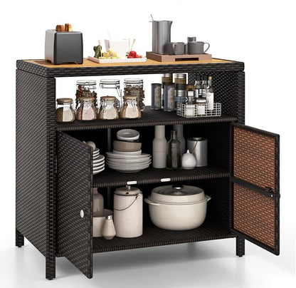 Wicker Outdoor Storage Cabinet, Rattan Patio Bar Table with Acacia Wood Countertop, Open Compartment & 2 Doors, Outdoor Buffet Cabinet Sideboard for Poolside, Garden, Backyard (Mix Brown)
