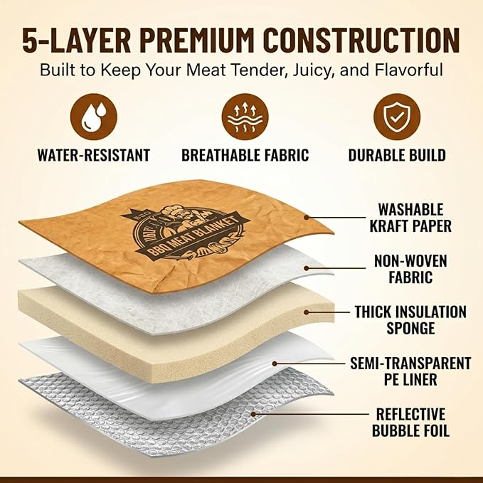 BBQ Blanket for Resting Meat – 21" 5-Layer Insulated Meat Resting Bag for Brisket, Turkey & Chicken | Food Warmer Bag for Smoking | BBQ Gifts for Men, Dad, Husband & Boyfriend