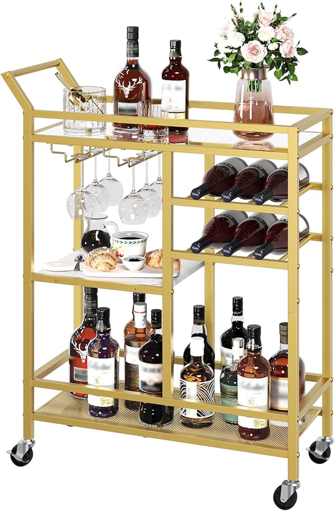 MAHANCRIS Bar Cart for Home, 3-Tier Serving Cart with Mirrored Top, Beverage Cart with Wine Rack and Glass Holder, Drink Cart with Wheels, for Dining Room, Living Room, Gold and White RCJM7101