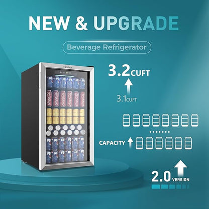 EUHOMY Wine Cooler, 128 Can Wine Fridge with Glass Door for Soda Beer or Wine, Mini Fridge for Home, Office, Bar with Adjustable Removable Shelves, Silver