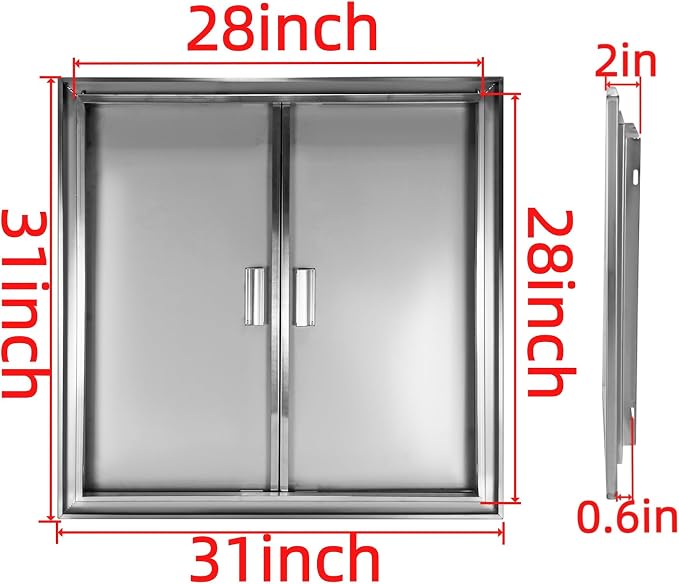 Outdoor Kitchen Door 31" W x 31" H Stainless Steel BBQ Double Access Door Flush Mount Vertical Wall Doors with Handle Suitable for Grilling Station Outside Cabinet Outdoor Kitchen