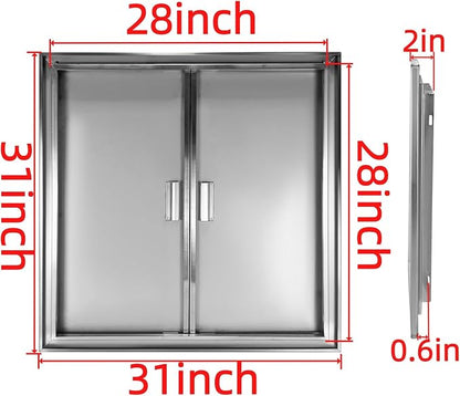 Outdoor Kitchen Door 31" W x 31" H Stainless Steel BBQ Double Access Door Flush Mount Vertical Wall Doors with Handle Suitable for Grilling Station Outside Cabinet Outdoor Kitchen
