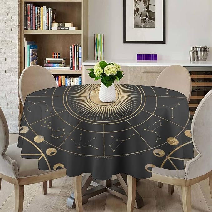 Retro Sun Moon Phases Round Tablecloth Vintage Star Magical Galaxy Space Table Cloth Water Resistant Wipeable Table Cover for Farmhouse Picnic Party Holiday Kitchen Dinner Table 50"