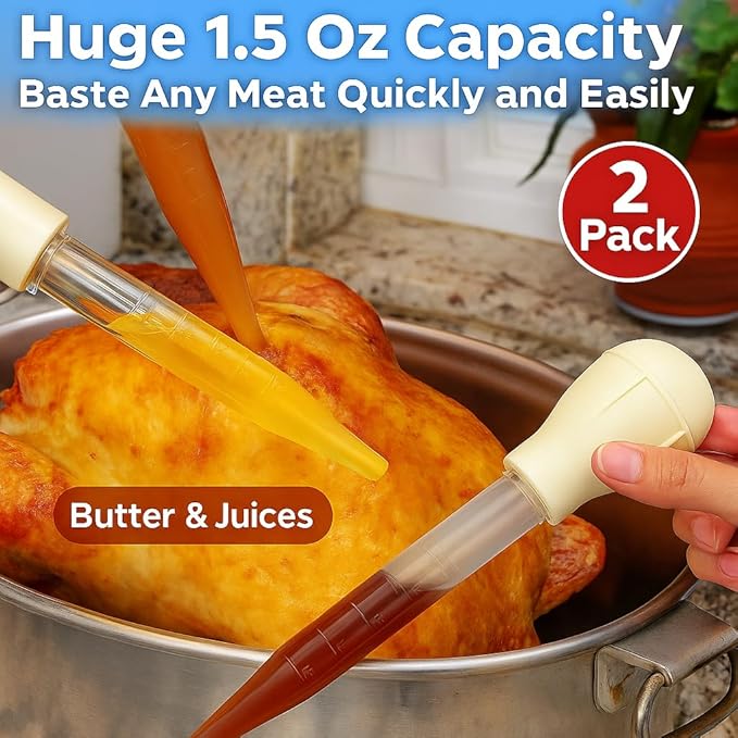 2-Pack Turkey Basters – Heat-Resistant BPA-Free Food-Grade Basting Tools for Cooking Roasts, Butter, Marinades, and Juices