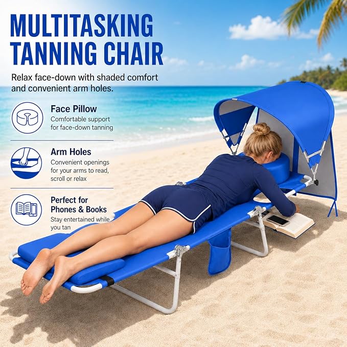 Backpack Beach Tanning Lounge Chair with Canopy Shade Face Hole Padded Adjustable Washable, 6 Position Layout Chair for Outside Sunbathing Poolside Lawn, UPF 50+ Wind-Resistant Sun Shade, 2Pack