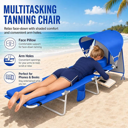 Backpack Beach Tanning Lounge Chair with Canopy Shade Face Hole Padded Adjustable Washable, 6 Position Layout Chair for Outside Sunbathing Poolside Lawn, UPF 50+ Wind-Resistant Sun Shade, 2Pack