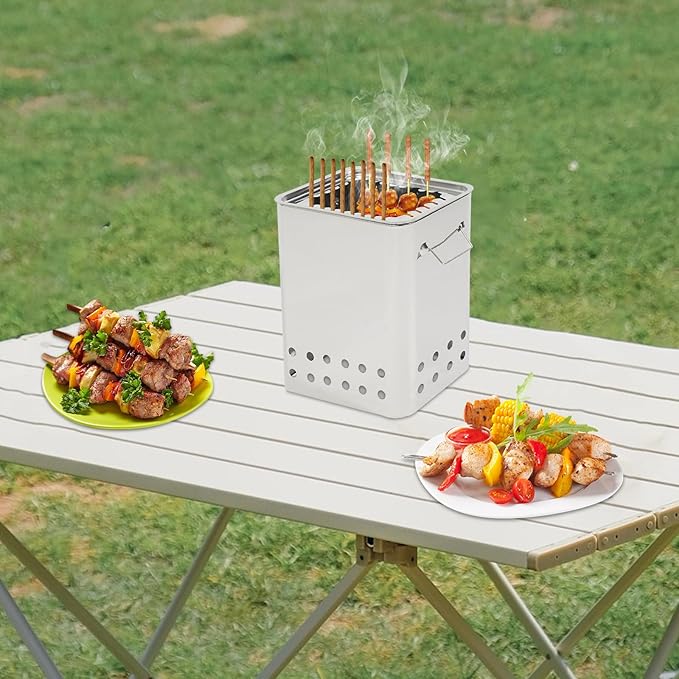 Smokeless Hanging Charcoal Grill with 26 Skewers, Square Stainless Steel Portable Barbecue BBQ Grill for Outdoor Camping/Travel/Backyard