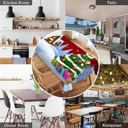 Swono Christmas House 52"X70" Oblong Table Cloth Winter Christmas Tree House Wrinkle Free Table Cover Farmhouse Tablecloth for Home Restaurant Picnic Indoor Outdoor Dining