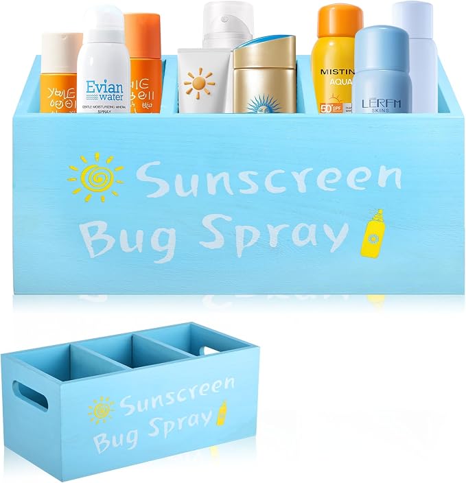 Sunscreen Bug Spray Storage Basket, Wooden Summer Poolside Storage Box with Three Compartments Toilet Tank Tray for Indoor Outdoor Swimming Pool Beach Sunblock Sunglasses Storage, Blue