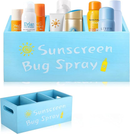 Sunscreen Bug Spray Storage Basket, Wooden Summer Poolside Storage Box with Three Compartments Toilet Tank Tray for Indoor Outdoor Swimming Pool Beach Sunblock Sunglasses Storage, Blue