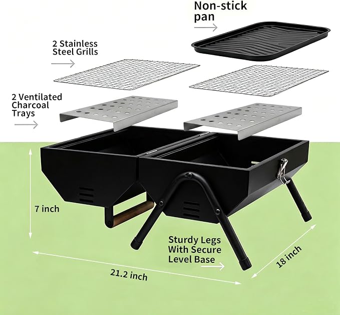 Tabletop Charcoal Grill, Portable Foldable Tabletop BBQ Grill with Dual Sided Griddle & Grill, Compact Folded Design, Thickened Body for Camping, Picnic & Outdoor Cooking