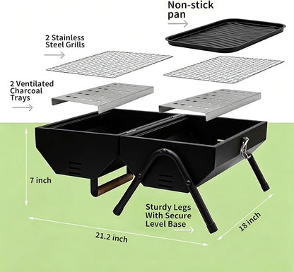 Tabletop Charcoal Grill, Portable Foldable Tabletop BBQ Grill with Dual Sided Griddle & Grill, Compact Folded Design, Thickened Body for Camping, Picnic & Outdoor Cooking