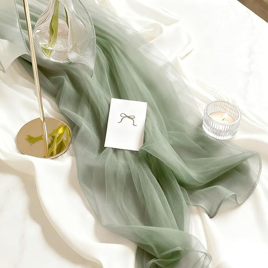 Sage Green Glitter Chiffon Table Runner 35x120 Inches 6 Pack for Outdoor BBQ Thanksgiving Party Table Decor