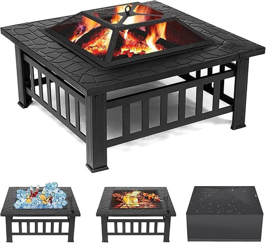 Anraja Fire Pit 32" Wood Burning Firepit Metal Square Outdoor Fire Tables Steel BBQ Gril Fire Pit Bowl withSpark Screen Cover, Poker Log Grate for Patio Bonfire Camping Backyard Garden Picnic1