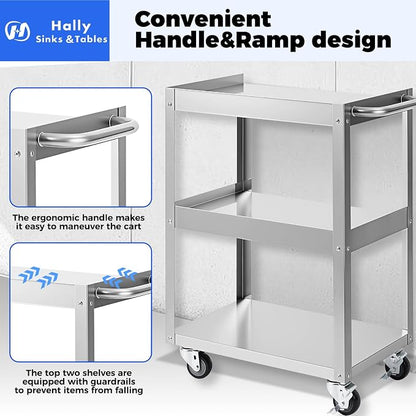 Hally Stainless Steel Utility Cart 3 Tier NSF Rolling Carts 24" Lx16 Wx34 H | Commercial Heavy Duty Metal Mobile Food Cart, with Handle and Wheels, for Kitchen, Restaurant, Hospital, Laboratory and Home