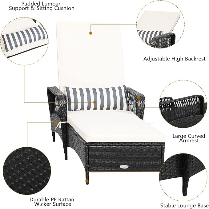HAPPYGRILL Patio Chaise Lounge Chair Outdoor Rattan Wicker Recliner with Thick Cushion, Lumbar Pillow, Adjustable Backrest for Garden Porch Lawn Poolside