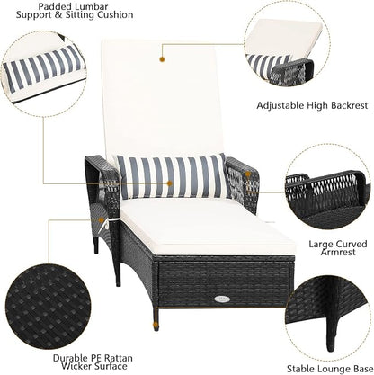 HAPPYGRILL Patio Chaise Lounge Chair Outdoor Rattan Wicker Recliner with Thick Cushion, Lumbar Pillow, Adjustable Backrest for Garden Porch Lawn Poolside