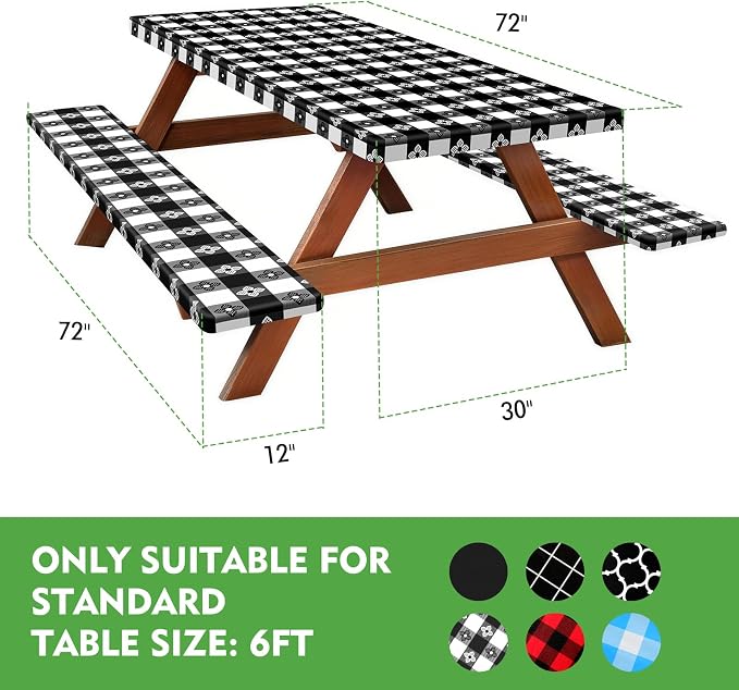 Picnic Table Cover with Bench Covers, Waterproof Tablecloth Set, Four-leaf | Fitted 6ft Tables, for Outdoor Camping, RV, Includes 1 Table Cover(30"x72"), 2 Bench Covers(72"x12"), Drawstring Storage Bag