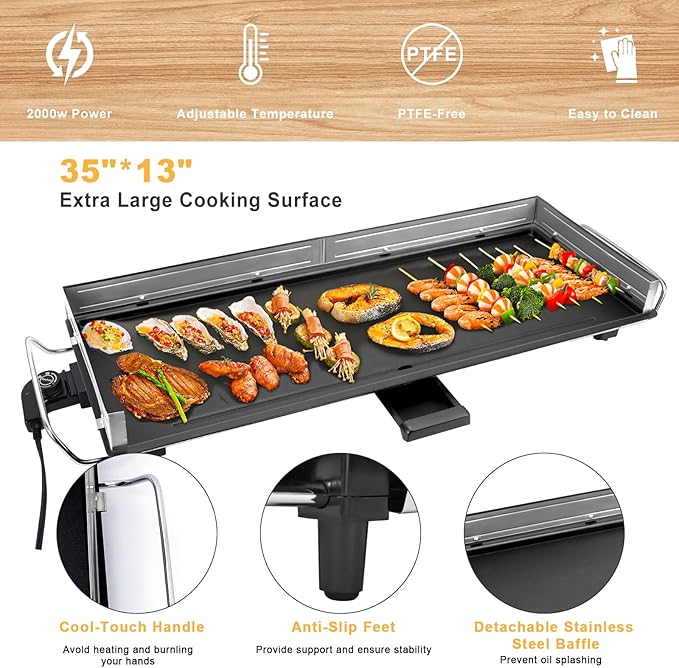 AEWHALE 35" Electric Nonstick Extra Large Griddle Grill-Teppanyaki Grill BBQ Indoor/Outdoor with Adjustable Temperature,Detachable for Easy Cleaning,Extra Wide(3m cable)