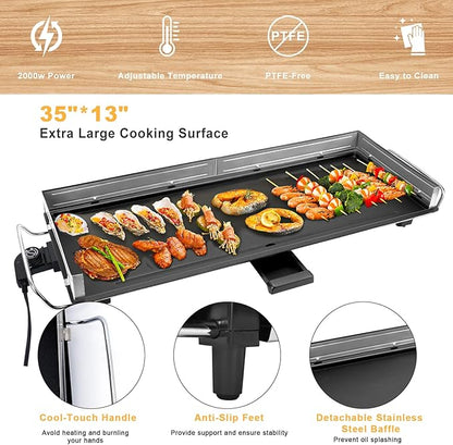 AEWHALE 35" Electric Nonstick Extra Large Griddle Grill-Teppanyaki Grill BBQ Indoor/Outdoor with Adjustable Temperature,Detachable for Easy Cleaning,Extra Wide(3m cable)