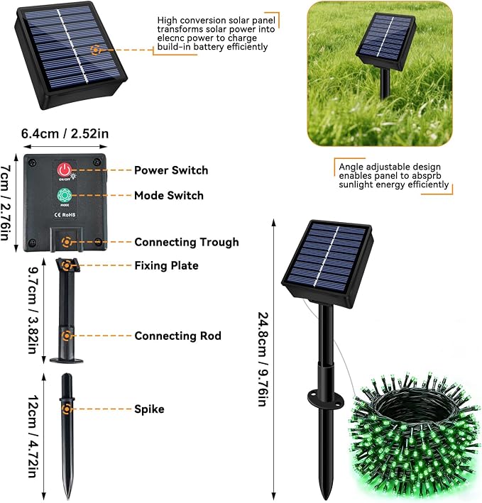 Solar String Lights Outdoor Waterproof 2 Pack Total 66ft 200LED Green | 8 Modes Twinkle Lights Solar Fairy Lights for Patio, Garden Yard Party Wedding Tree Christmas Halloween Decoration
