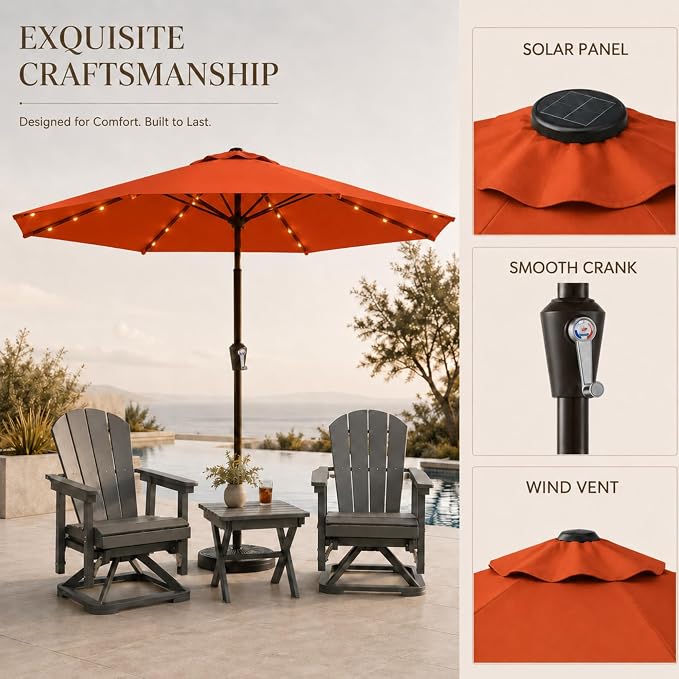 11FT Solar Lighted Patio Umbrella, Outdoor Table Market Umbrellas with Crank Lift, 32 LED Lights, 8 Sturdy Ribs, UV-Resistant for Deck, Garden, Pool