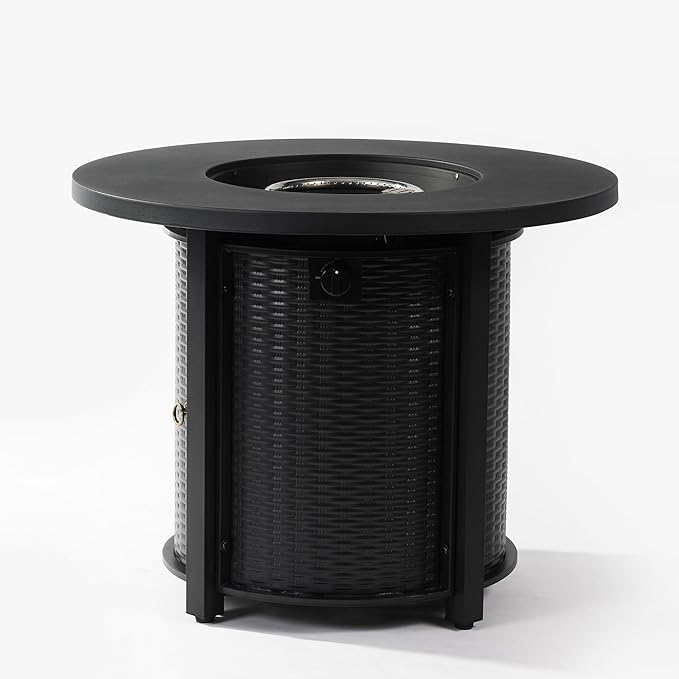 KEIKI 32 Inch Round Propane Fire Pit Table, Wicker Pattern Steel Outdoor Gas Fireplace, Patio Heater for Garden Deck