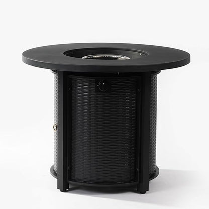 KEIKI 32 Inch Round Propane Fire Pit Table, Wicker Pattern Steel Outdoor Gas Fireplace, Patio Heater for Garden Deck