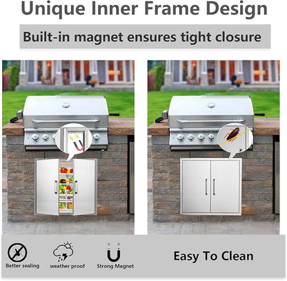 Outdoor Kitchen Doors Stainless Steel,26" W by 24" H Double Access Door,Flush Mount for Outdoor Kitchen and BBQ Island