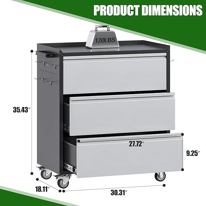 Aobabo Metal Rolling Tool Storage Cabinet with Drawers, Side Pegboards, Left Handle, Lockable Casters, Garage Workshop Utility Cart, 18.11 D x 30.3 W x 35.4 H Inches,Assembly Required