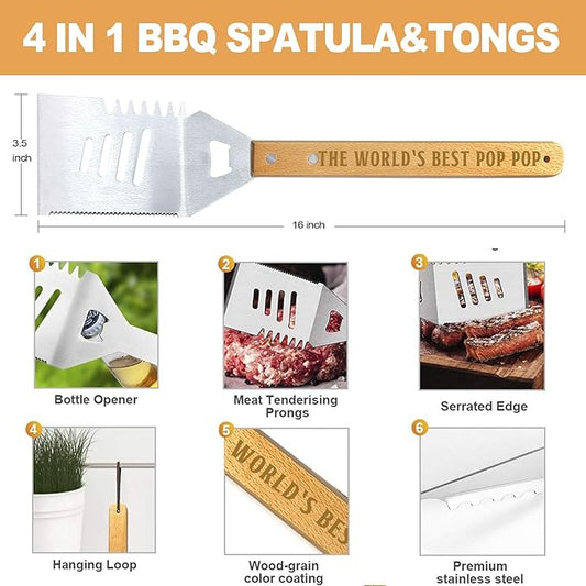 Pop Pop Gifts from Grandkids, Fathers Day Pop Pop Gifts Heavy Duty Wooden BBQ Grilling Accessories Kit for Backyard, Thick Stainless Steel Grill Utensils with Non-Slip Handle Tools in Portable Bag