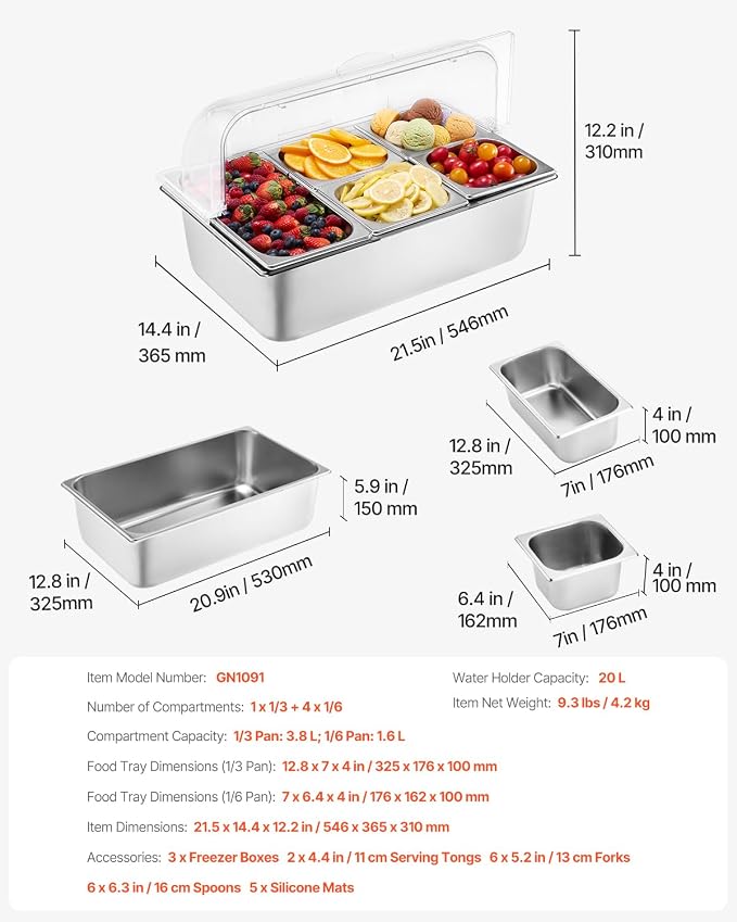VEVOR Countertop Food Serving Display Container, 5 Pan Stainless Steel Food Serving Tray, Buffet Condiment Dispenser Display Rack with Clear Lid & 3 Freezer Boxes, for Restaurant Hotel Kitchen Party