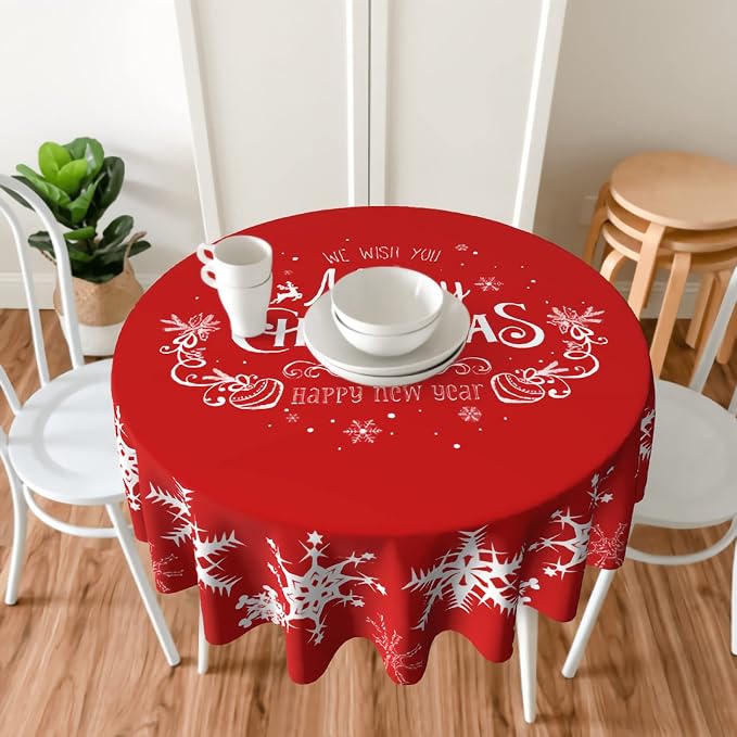 Merry Christmas Tablecloth Round 70 Inch Snowflake Tablecloth Waterproof Polyester Washable Table Cover with Winter Snowflake Pattern Table Cloth for Kitchen Dining Room Christmas Party Picnic Patio