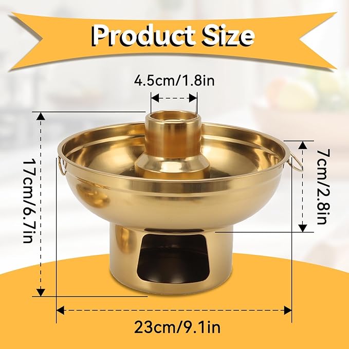 Portable Charcoal Hot Pot, Stainless Steel Round Dry Ice Pot for One Person, Milk Tea Hot Pot for Camping Office Hotel Home Compatible with Induction Gas Electric Ceramic Stove Top (Gold, 9.1 inch)