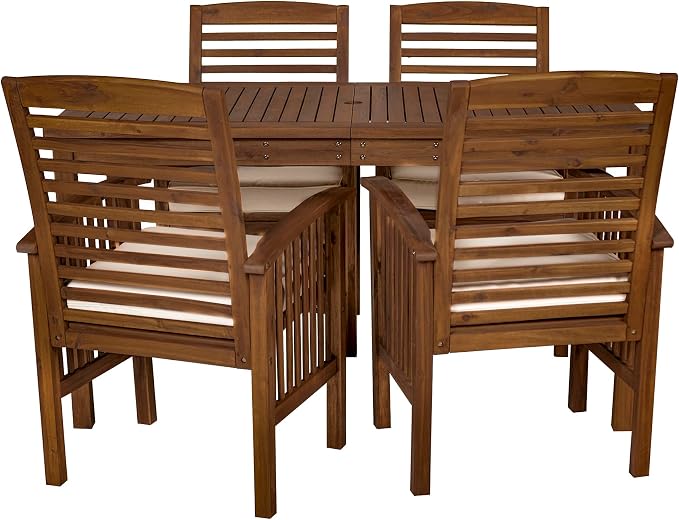 Walker Edison Rendezvous Modern 5 Piece Solid Acacia Wood Outdoor Dining Set, Set of 5, Dark Brown