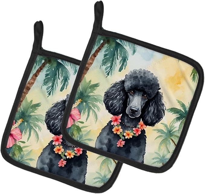 Caroline's Treasures Black Poodle Luau Pair of Pot Holders Kitchen Heat Resistant Pot Holders Sets Oven Hot Pads for Cooking Baking BBQ, 7 1/2 x 7 1/2