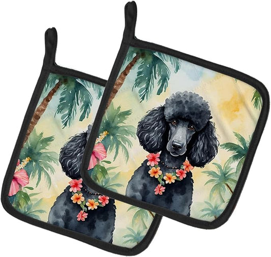 Caroline's Treasures Black Poodle Luau Pair of Pot Holders Kitchen Heat Resistant Pot Holders Sets Oven Hot Pads for Cooking Baking BBQ, 7 1/2 x 7 1/2