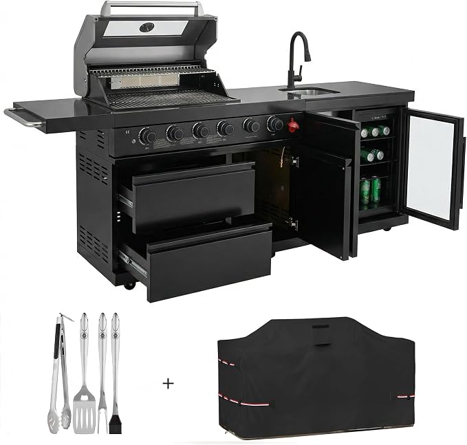 Outdoor BBQ Island, BBQ Island Outdoor Kitchen, 46" 4-Burner 72,000 BTU Outdoor Kitchen Island with Grill, Grill Tools, Grill Cover, Sink, Fridge, Rotisserie, Locking Casters, Propane/NG (Black)