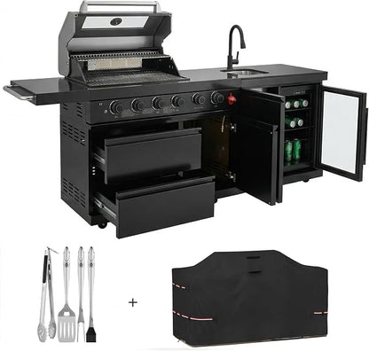 Outdoor BBQ Island, BBQ Island Outdoor Kitchen, 46" 4-Burner 72,000 BTU Outdoor Kitchen Island with Grill, Grill Tools, Grill Cover, Sink, Fridge, Rotisserie, Locking Casters, Propane/NG (Black)