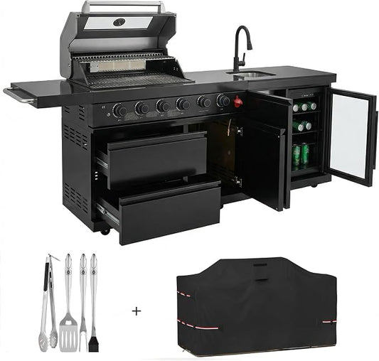 Outdoor BBQ Island, BBQ Island Outdoor Kitchen, 46" 4-Burner 72,000 BTU Outdoor Kitchen Island with Grill, Grill Tools, Grill Cover, Sink, Fridge, Rotisserie, Locking Casters, Propane/NG (Black)